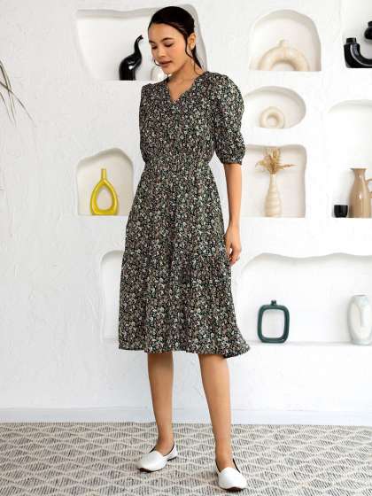 AASK Flower Print Puff Sleeve Fit  Flare Dress