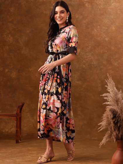 Anouk Floral Printed RollUp Sleeves Belted Pleated