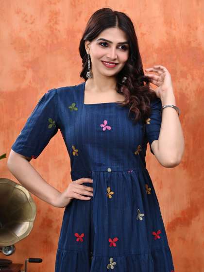 Cloth Bites Embroidered Cotton Fit  Flare Midi  Dr