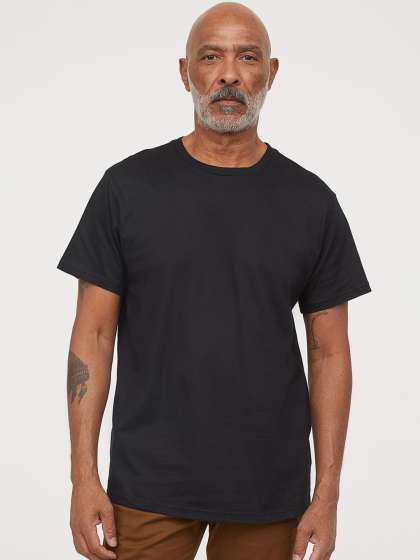 HM Men Black Solid Cotton Pure Cotton Tshirt Regul