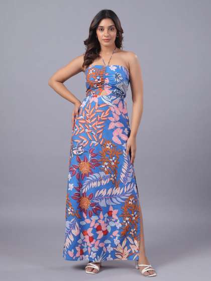 June 9 Clothing Floral Print TieUp Neck Bodycon Maxi Dress