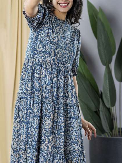 KALINI Women Floral Printed Cotton Fit  Flare Midi