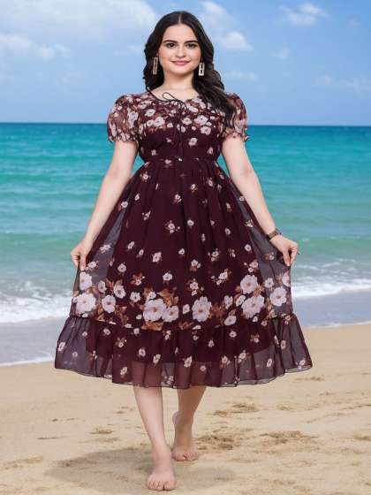 MISS CLOTHING Women Floral Printed Puff Sleeve Mid