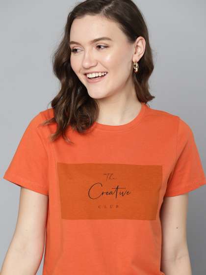 Mast  Harbour Women Orange  Black Typography Print Pure Cotton Tshirt