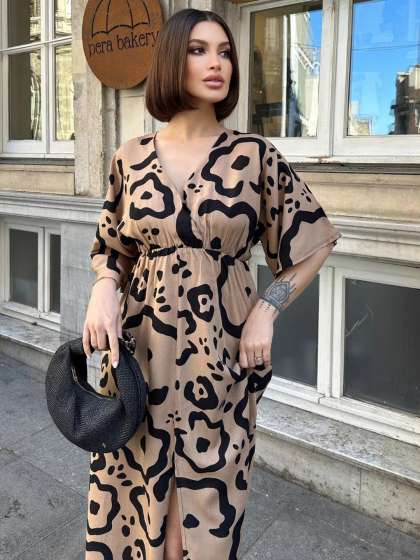 PIMU Women Printed VNeck ALine Midi Dress