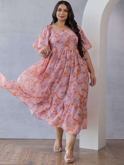 Polago Clothing Plus Size Floral Printed Puff Slee