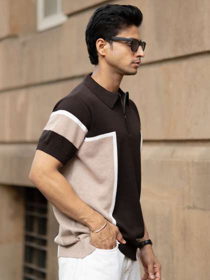 Powerlook SS25 Colourblocked Polo Collar Pure Cotton TShirt
