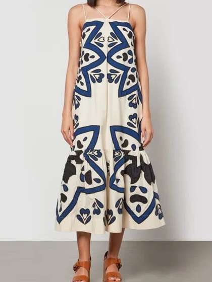 TRENBEE Printed Cotton ALine Midi Dress