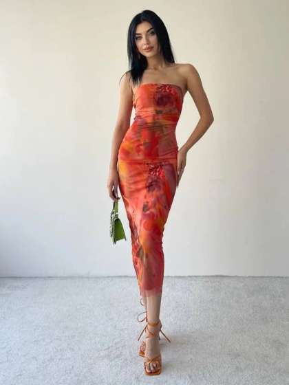 TRENBEE Wwomen Abstract Printed Bodycon Bandeau Mi